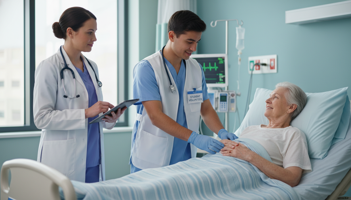 Premed volunteer quietly observing and assisting in a hospital ward Premed volunteer quietly observing and assisting in a hospital ward - for Interview Disasters: Clinical Volunteer Stories Th