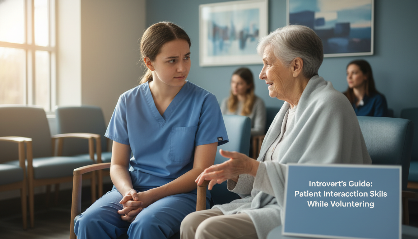 Introverted premed student talking with an elderly patient in a clinic waiting room -  for Introvert’s Guide: Building Patien