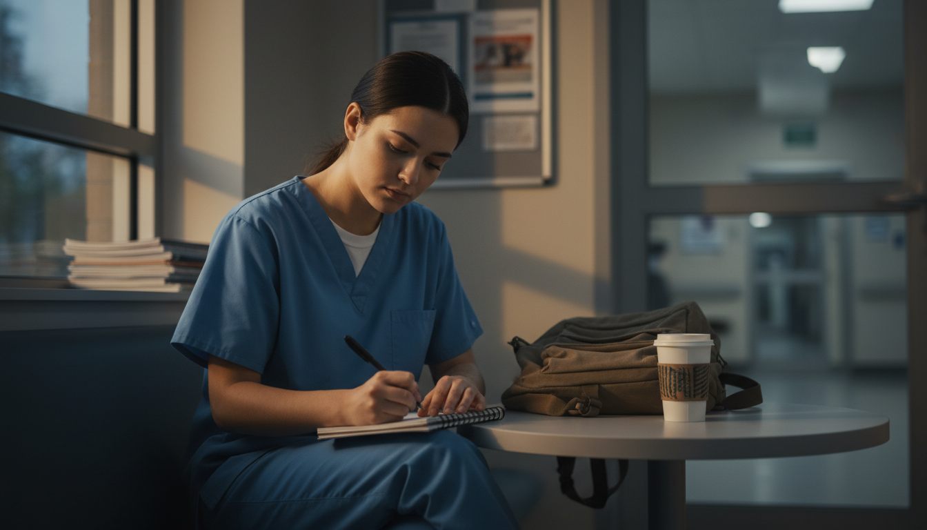 Introverted premed volunteer taking notes after clinical shift -  for Introvert’s Guide: Building Patient Interaction Skills