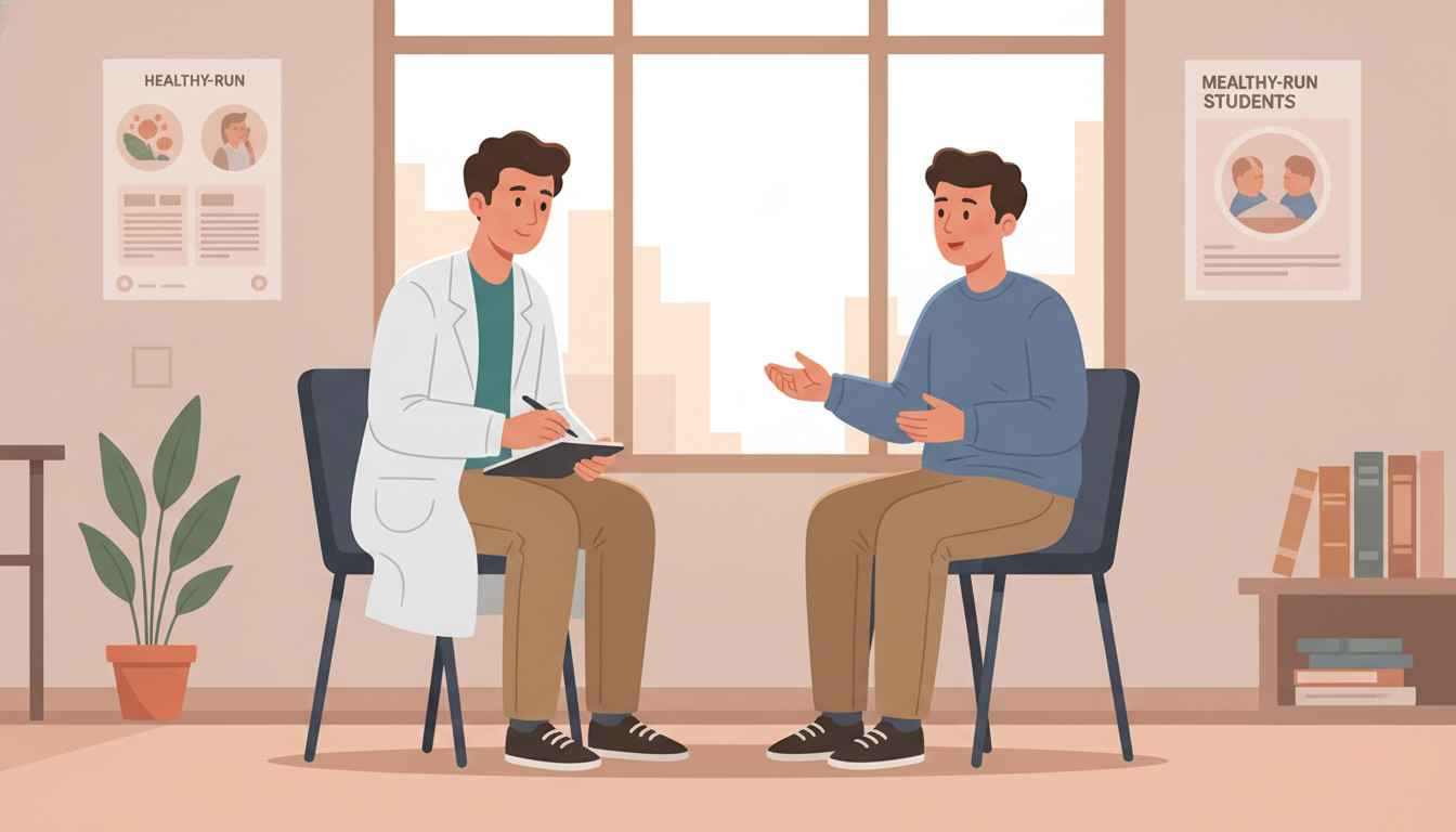 Calm introverted medical student talking with patient in student-run clinic -  for Introvert’s Guide: Building Patient Intera