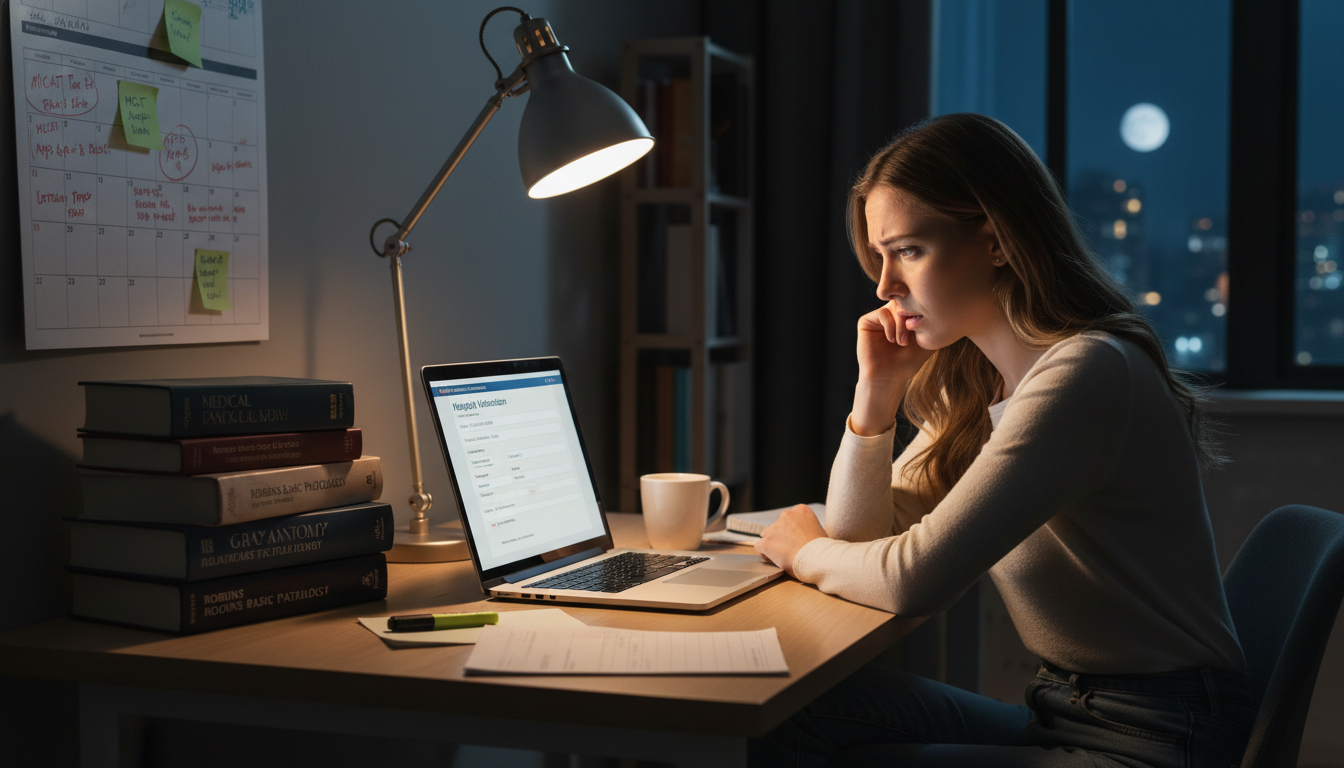 Anxious premed student looking at hospital volunteer application -  for Is It Too Late to Start Clinical Volunteering Before