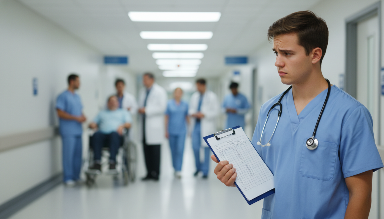 Premed student checking clinical volunteering hours on a clipboard in a hospital setting -  for Is More Always Better? Data o