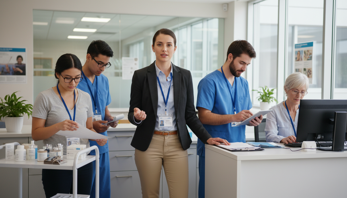 Premed student leading a clinical volunteer team in a hospital setting -  for Leadership in Clinical Volunteering: Impact on