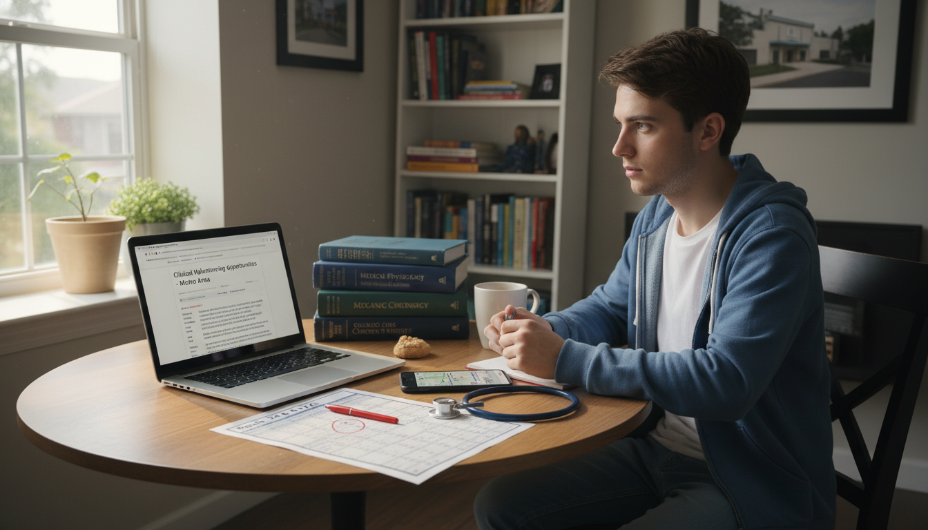 Premed student arranging remote and local clinical volunteering options on laptop -  for Limited Transportation? Remote and L