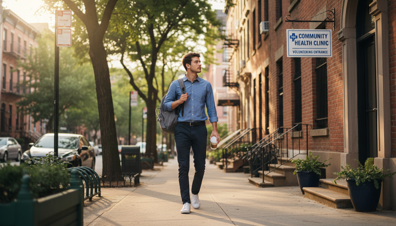 Premed student walking to local clinic for volunteering -  for Limited Transportation? Remote and Local Clinical Volunteering