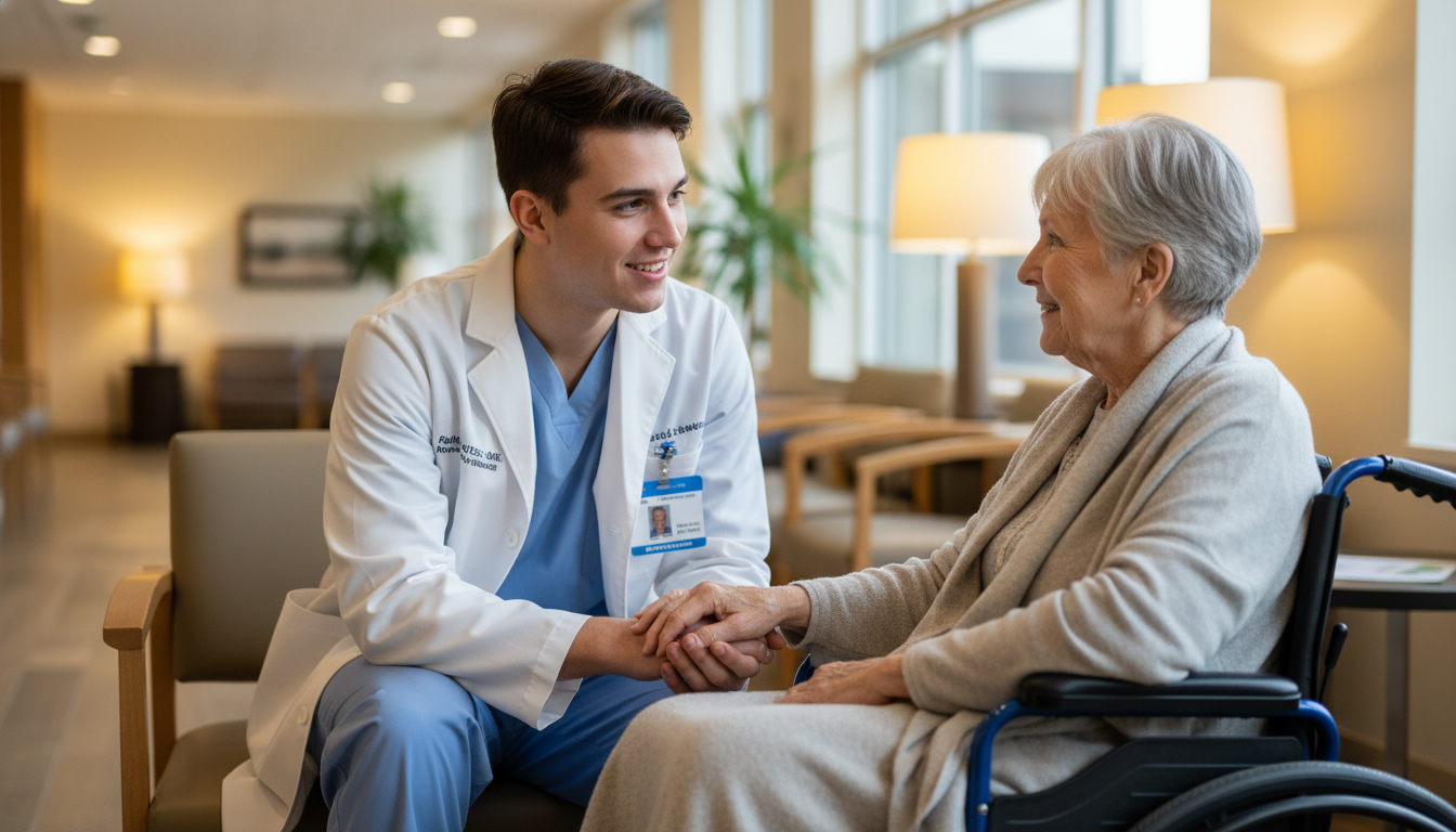 Premed student talking with an elderly patient in a clinic waiting room -  for Low Patient Contact? How to Pivot into More Ha