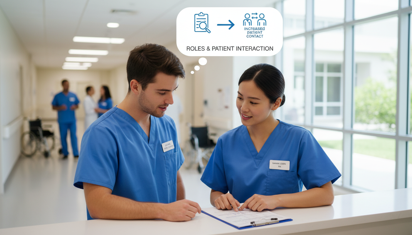 Premed student talking with nurse at nurses' station about responsibilities -  for Low Patient Contact? How to Pivot into Mor