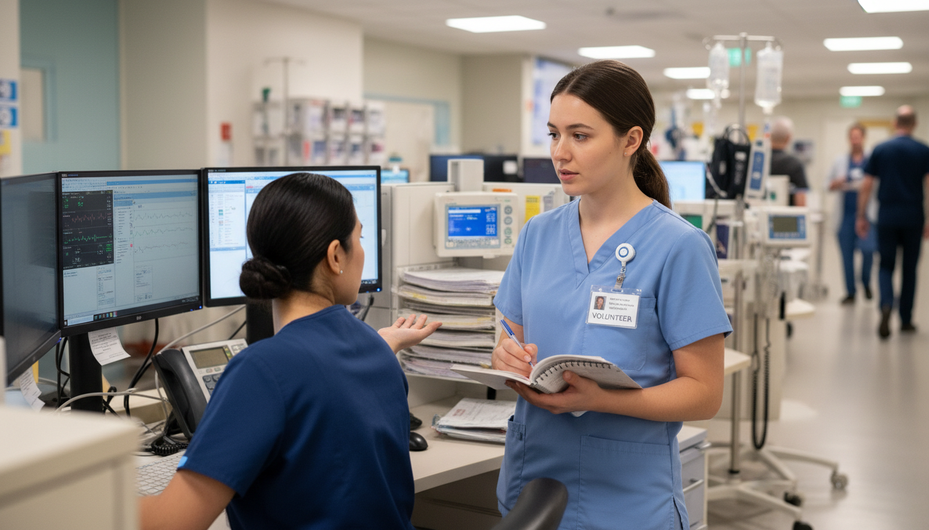 Premed volunteer checking in at the nurses station -  for Maximizing One Shift a Week: High-Impact Clinical Volunteering Tact