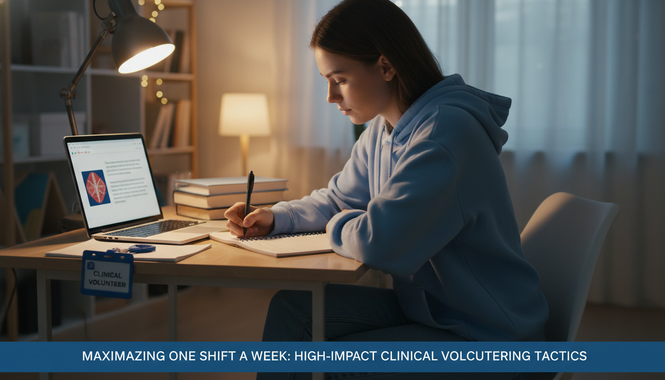Premed student reflecting and writing after a hospital shift -  for Maximizing One Shift a Week: High-Impact Clinical Volunte
