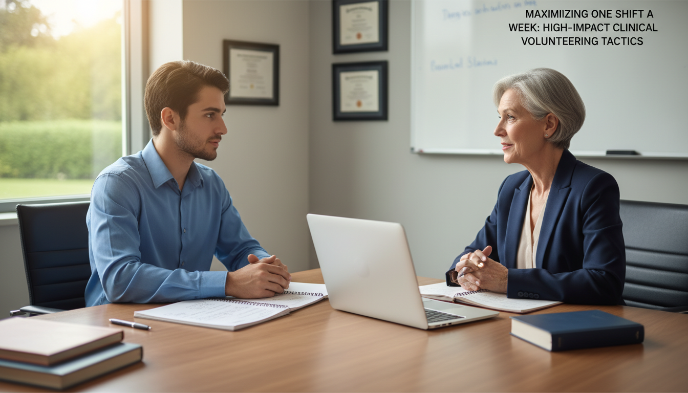 Premed student discussing experience with mentor -  for Maximizing One Shift a Week: High-Impact Clinical Volunteering Tactic