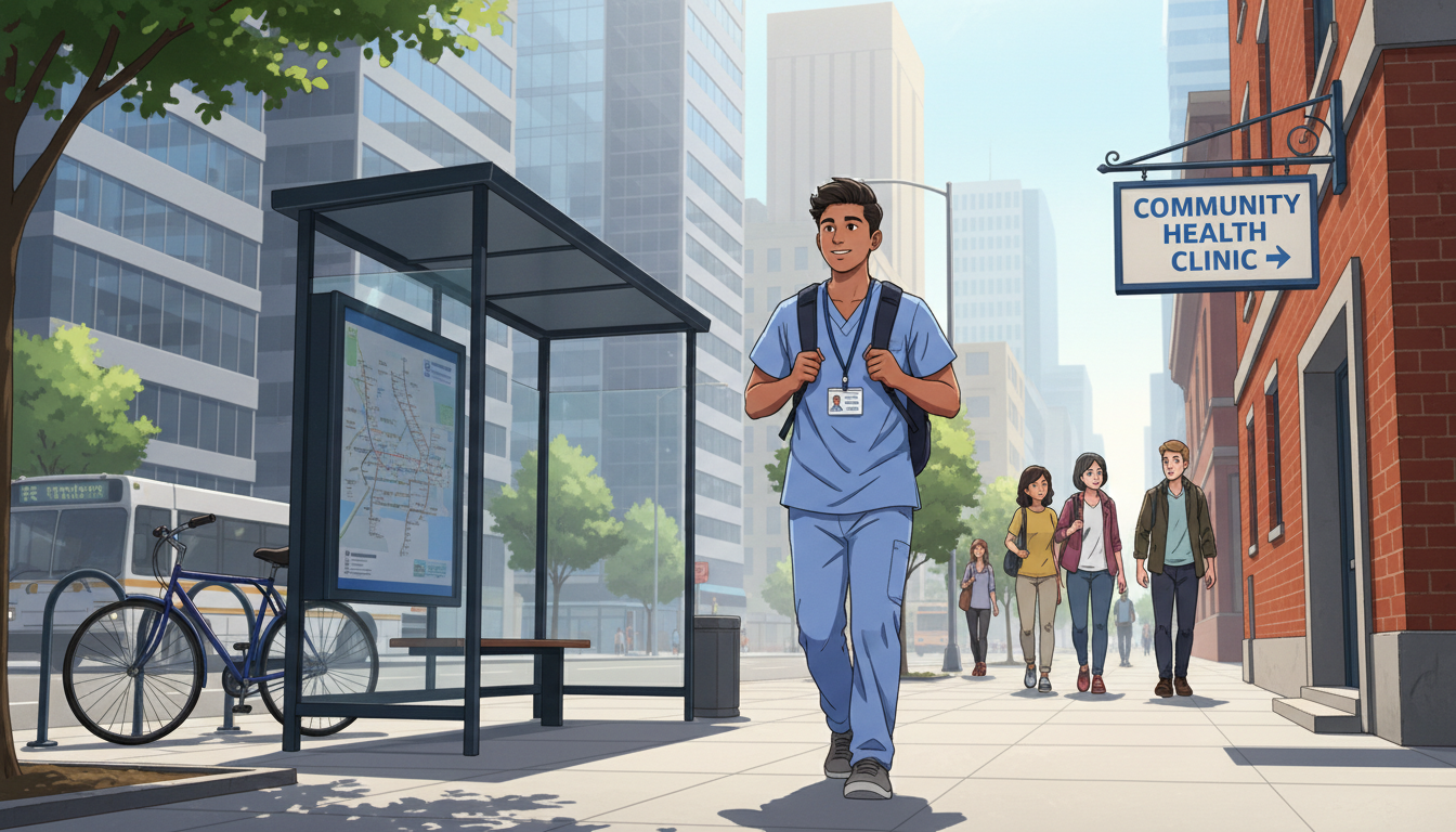 Premed walking to a nearby clinic for volunteer work -  for No Car, No Problem: How to Build Clinical Volunteering Without Dr