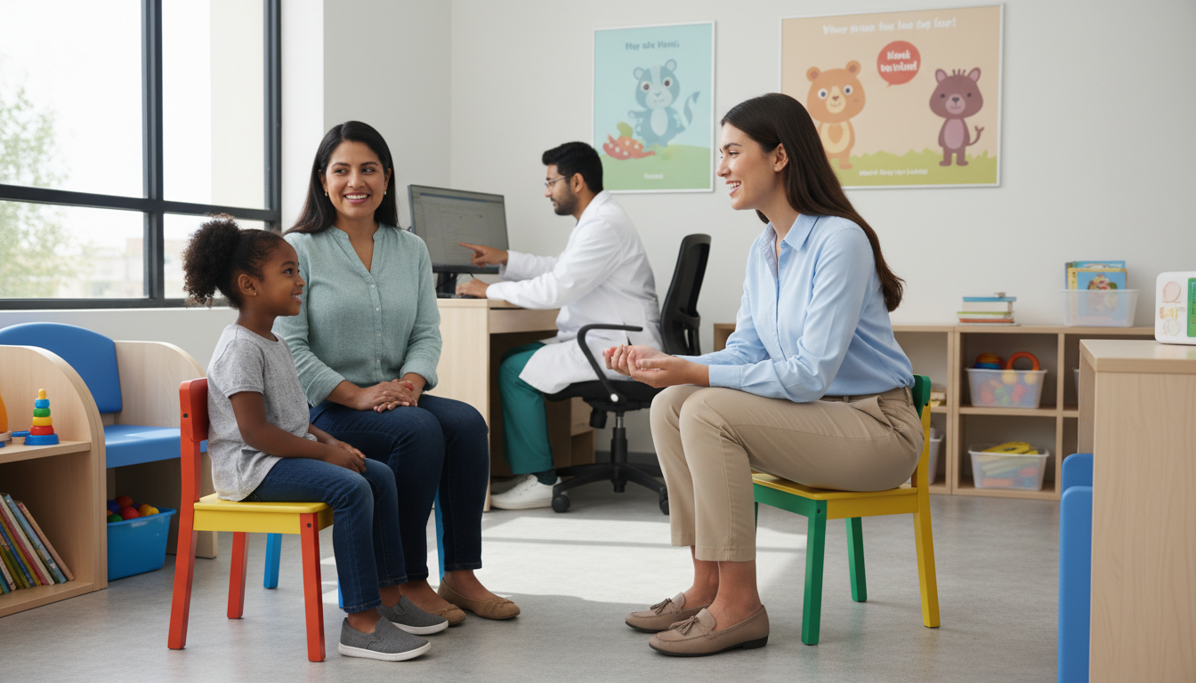 Premed student volunteering in a busy pediatric clinic, interacting with child and parent -  for Pediatrics Clinic Volunteeri