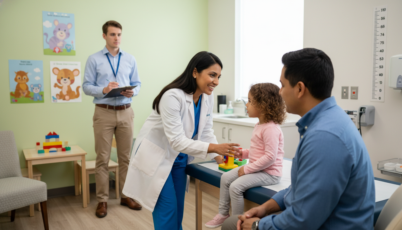 Pediatrician, volunteer, parent, and child in exam room having a triadic conversation -  for Pediatrics Clinic Volunteering: