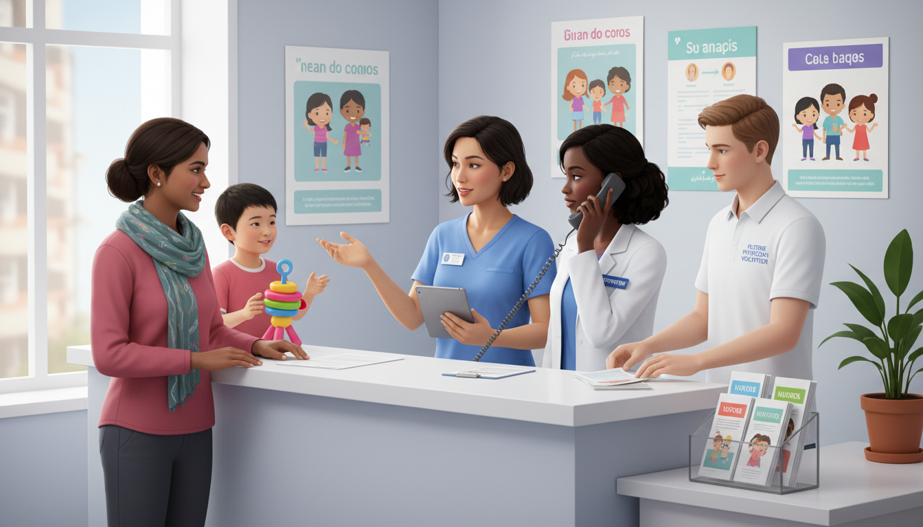 Diverse family at pediatric clinic front desk with interpreter support -  for Pediatrics Clinic Volunteering: Working with Fa