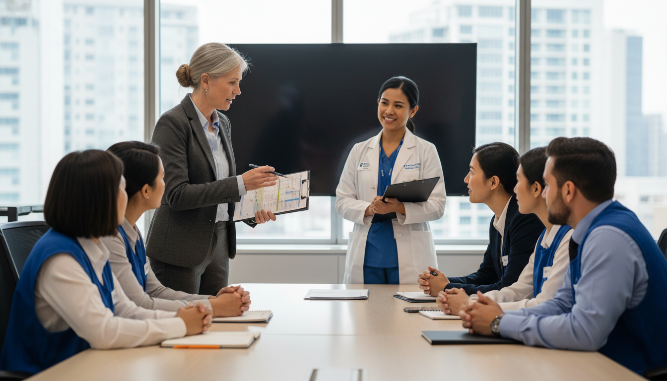 Pre-med student leading new volunteers in a hospital orientation -  for Pre‑Med Year-by-Year Plan to Build Strong Clinical Vo