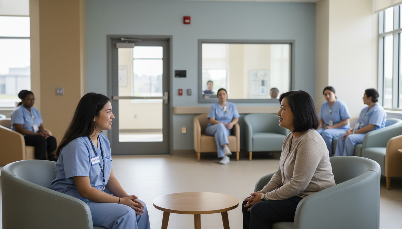 Medical student talking with a patient in a hospital psychiatry unit -  for Psychiatry Unit Volunteering: Understanding Safet