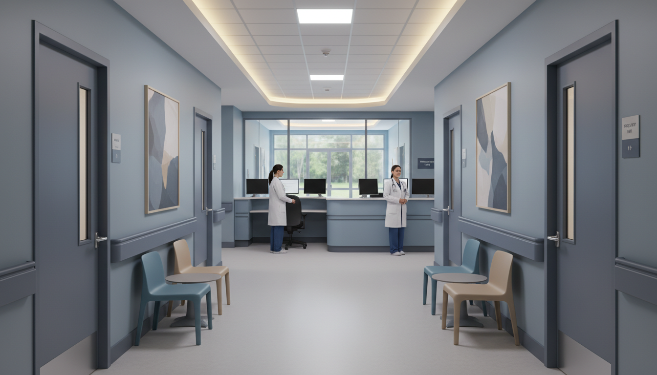 Nursing station and hallway in a secure inpatient psychiatric unit -  for Psychiatry Unit Volunteering: Understanding Safety,