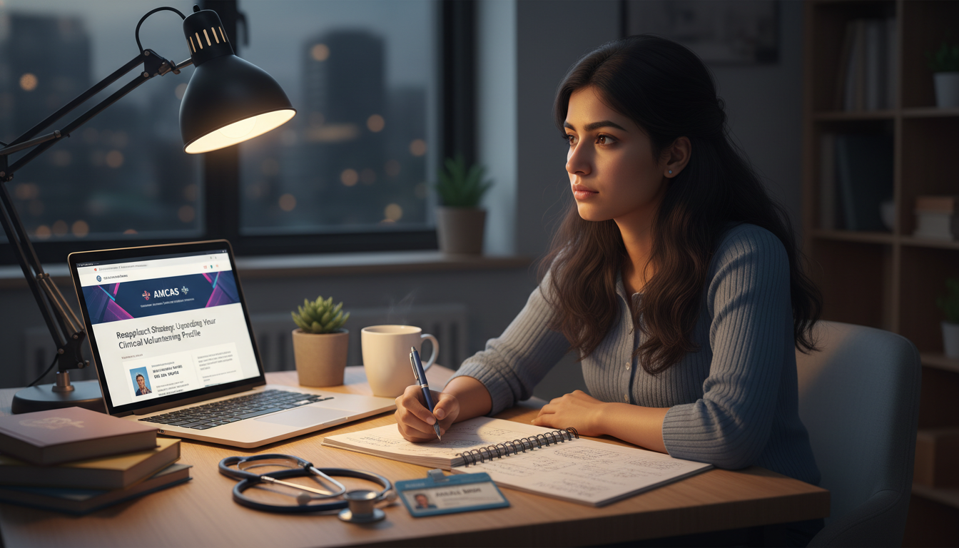 Premed reapplicant writing reflections on clinical volunteering experiences at a desk Premed reapplicant writing reflections on clinical volunteering experiences at a desk - for Reapplicant Strategy: Upgrading