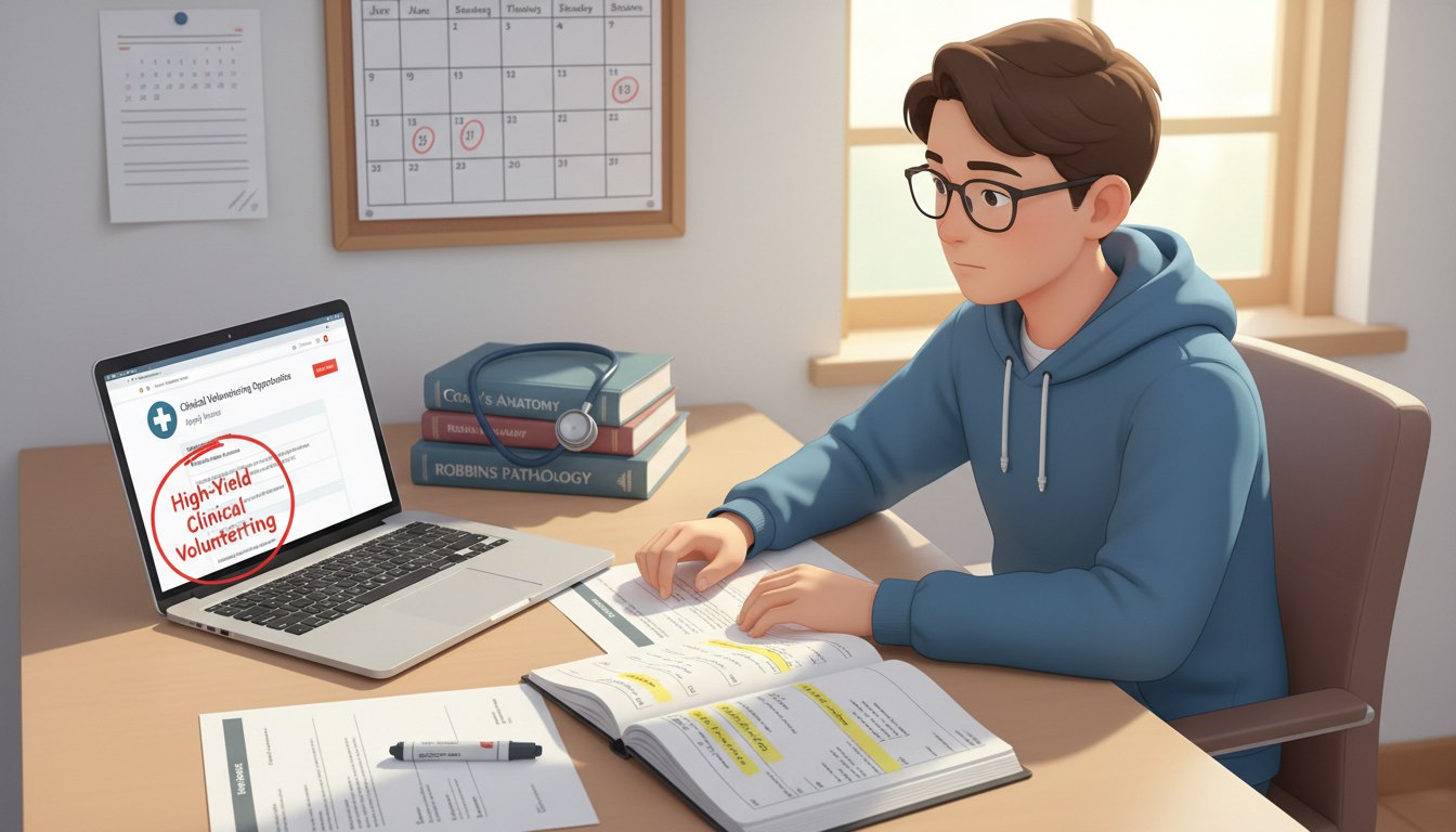 Premed student planning [high-yield [clinical volunteering](https://residencyadvisor.com/resources/clinical-volunteering/how-