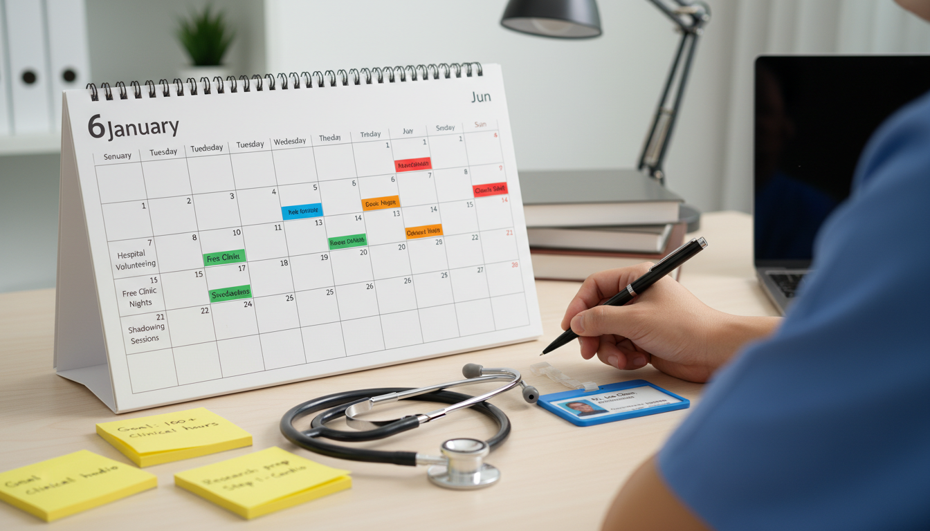 Six month clinical volunteering planning calendar -  for Rebuilding Your CV with High-Yield Clinical Volunteering in 6 Months