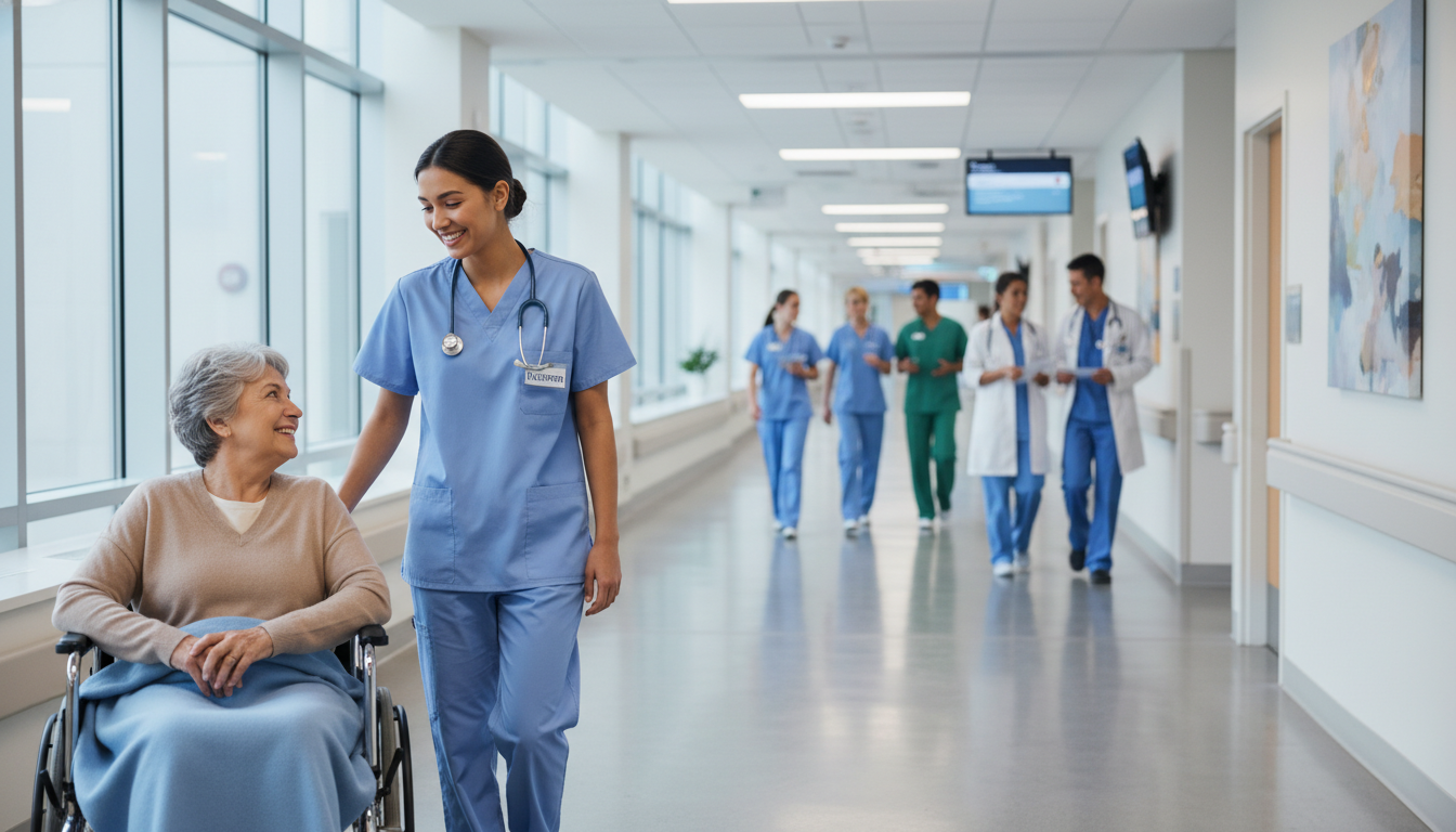 Premed volunteer assisting with patient transport in hospital hallway Premed volunteer assisting with patient transport in hospital hallway - for Stuck at the Front Desk? Steps to Negotiate More