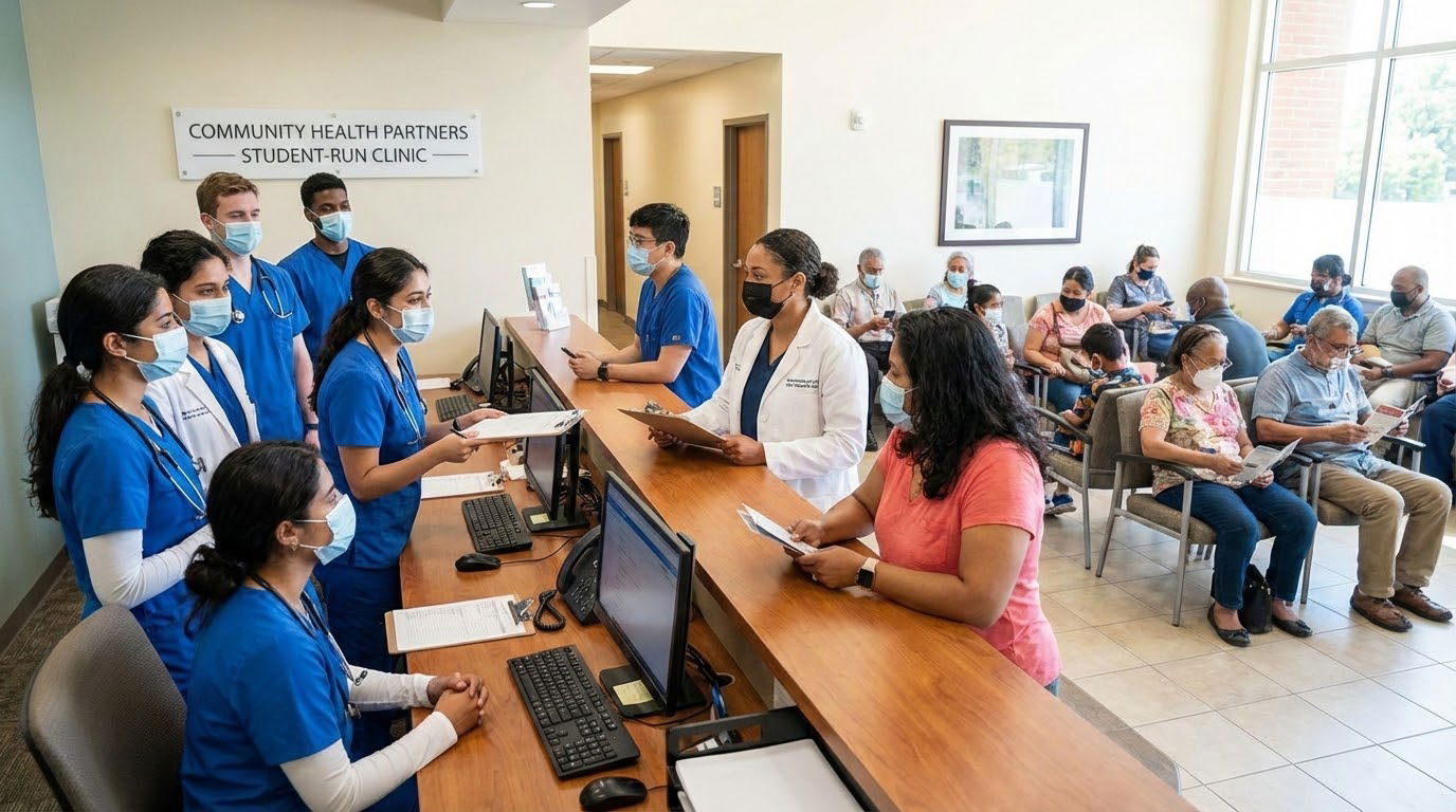 Students triaging patients at a free clinic front desk -  for Student-Run Free Clinics: How to Leverage Leadership and Longit