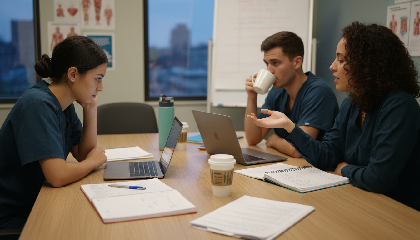 Medical students debriefing about challenging clinic cases -  for Student-Run Free Clinics: How to Leverage Leadership and Lo