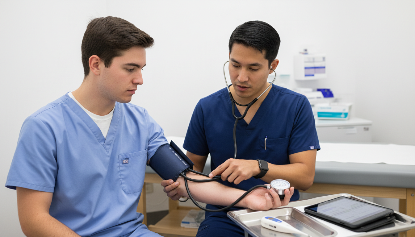 Student volunteer learning vital sign skills in free clinic -  for Timeline for Transitioning from Basic Volunteer to Clinic