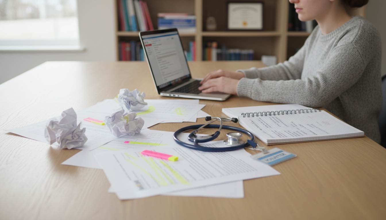 Premed student reviewing clinical volunteering notes alongside medical school application drafts -  for Transforming Your Vol