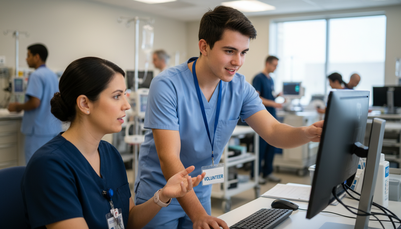 Clinical volunteer assisting nurse at workstation -  for Turning a Short-Term Clinical Volunteer Gig into Long-Term Mentorshi