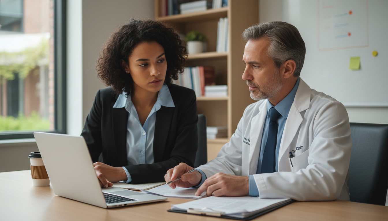 Mentor and mentee reviewing notes in hospital conference room -  for Turning a Short-Term Clinical Volunteer Gig into Long-Te