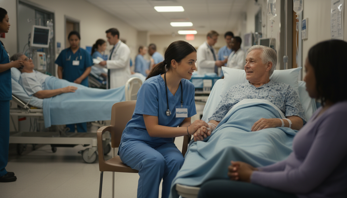 Premed volunteer comforting patient in emergency room hallway Premed volunteer comforting patient in emergency room hallway - for Volunteering in the ER: Overrated or Essential for Futur