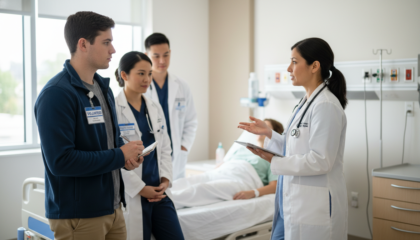 Attending physician leading premed volunteer and team on hospital rounds -  for What Attending Physicians Notice About Pre‑Me