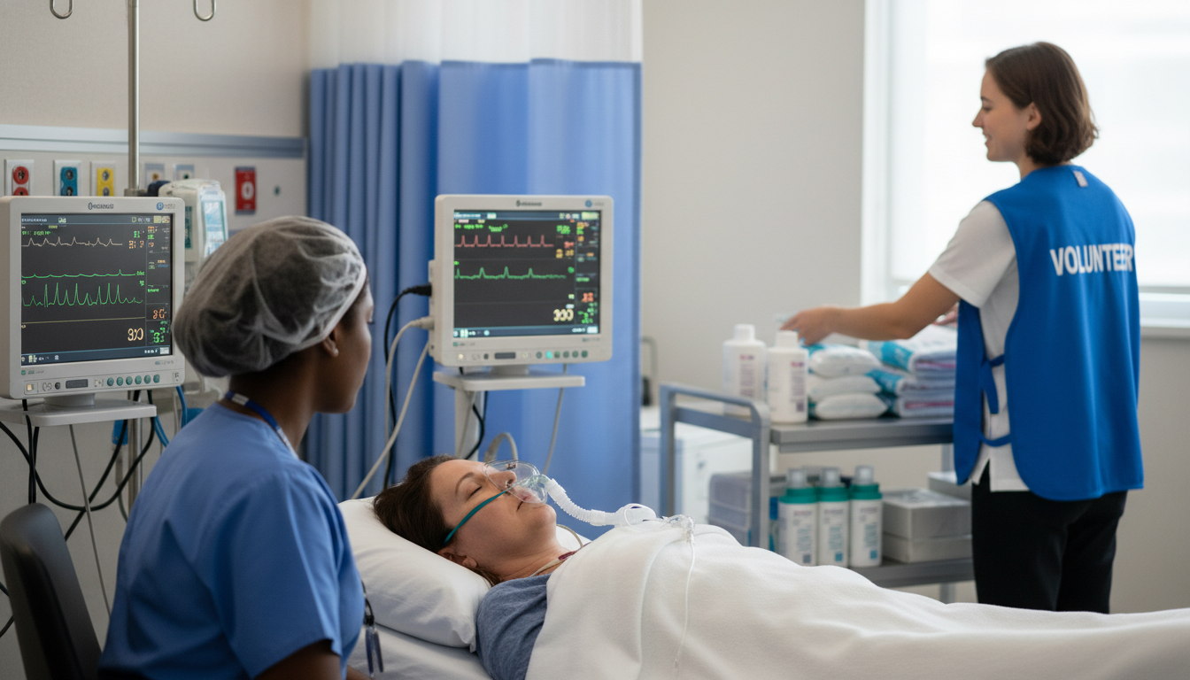 PACU environment with nurse monitoring post-operative patient -  for Working in Pre‑Op and PACU as a Volunteer: Perioperative