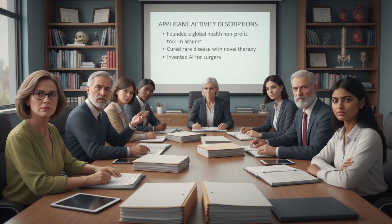 Medical school admissions committee reviewing applications with skeptical expressions -  for Activity Descriptions That Sound