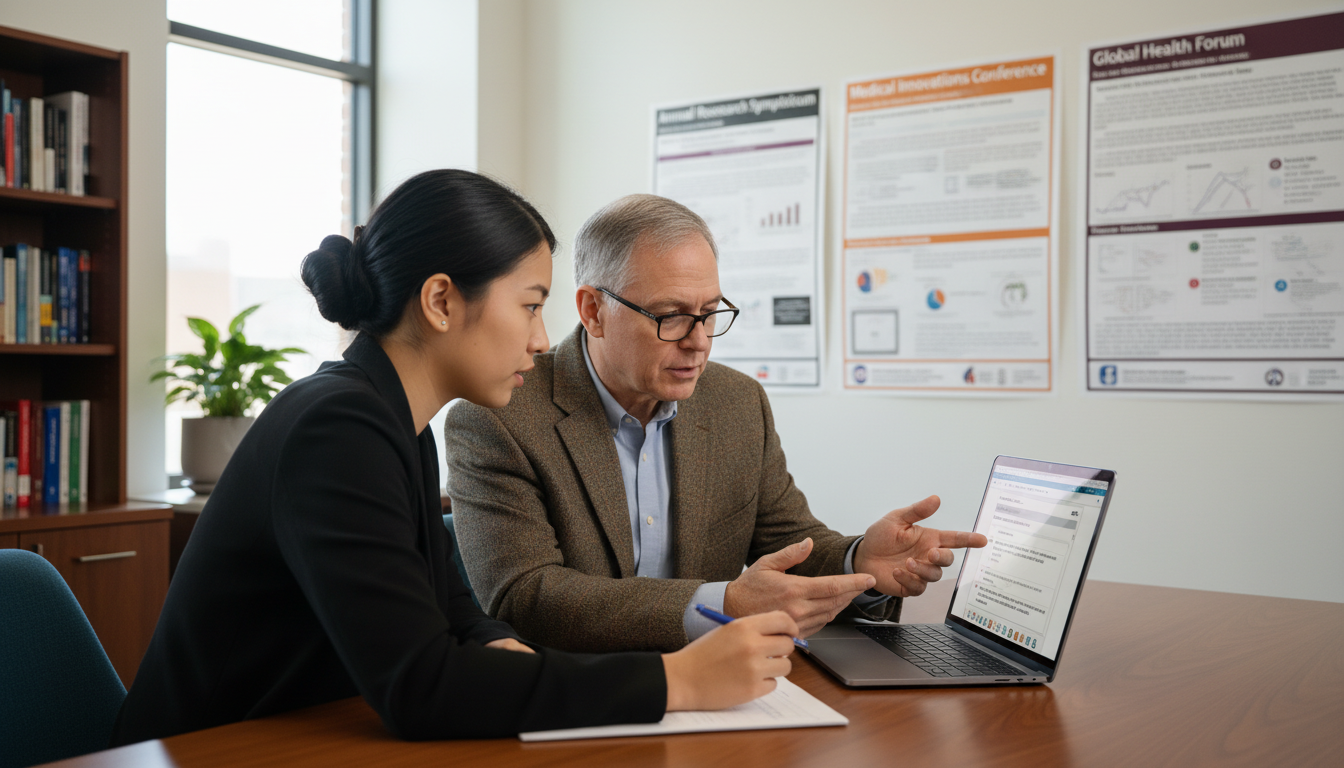 Premed student reviewing AMCAS research and publication entries with mentor -  for Advanced Tactics for Listing Publications