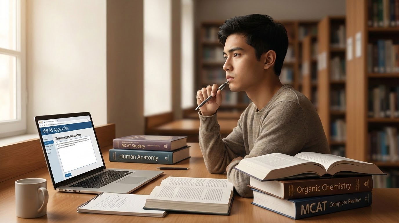 Premed student thoughtfully writing a [disadvantaged statement](https://residencyadvisor.com/resources/med-school-application