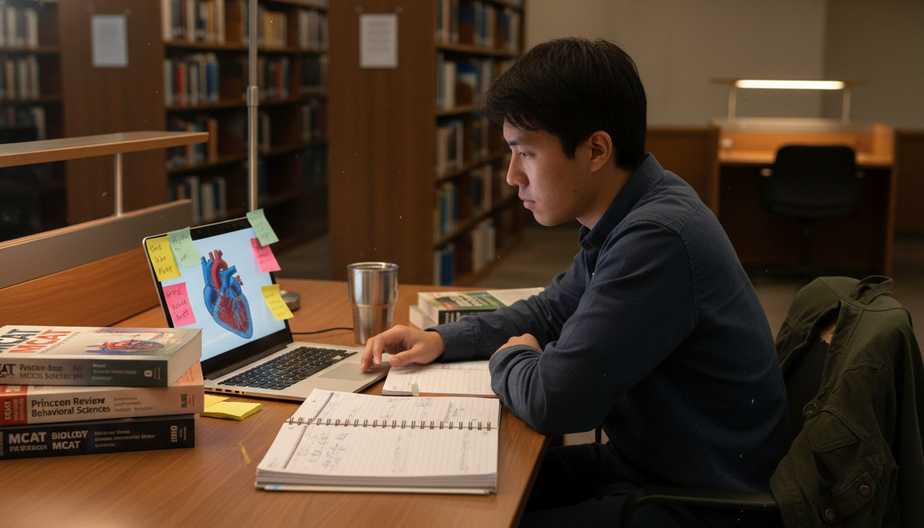 First generation premed student studying alone with laptop and textbooks in a quiet library corner First generation premed student studying alone with laptop and textbooks in a quiet library corner - for First-Gen Pre-Med w