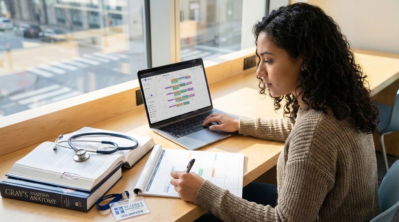 Premed student organizing [clinical volunteering](https://residencyadvisor.com/resources/med-school-applications/mcat-below-t