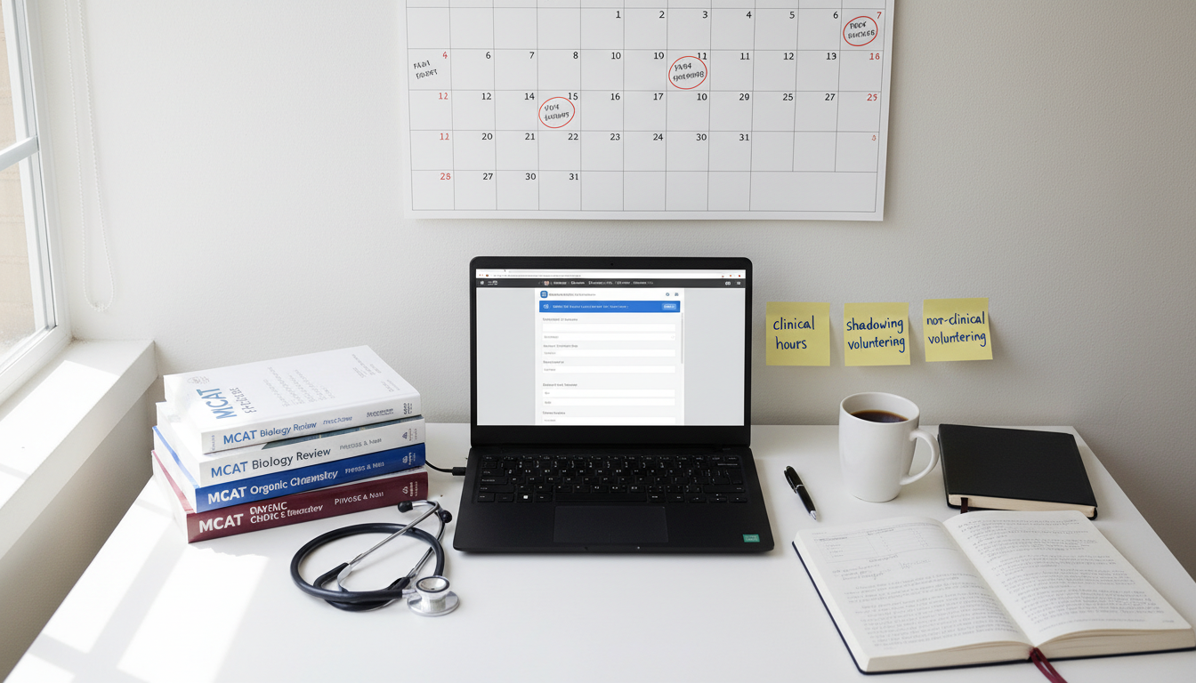Premed gap year calendar and MCAT prep materials on desk -  for Gap Year Structure: A 12-Month Plan to Maximize Next Cycle Su