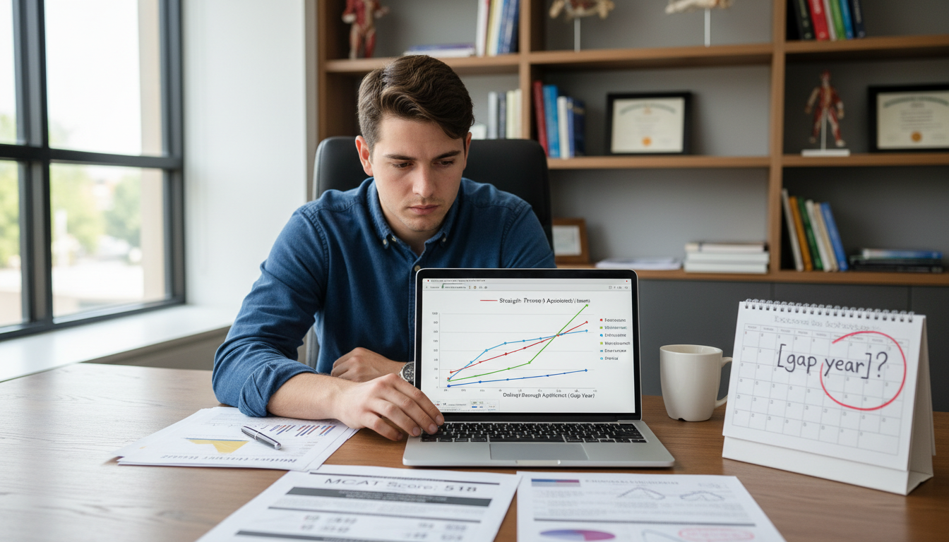 Premed student analyzing medical school acceptance data on laptop -  for Gap Year Trends: Acceptance Rates for Straight-Throu
