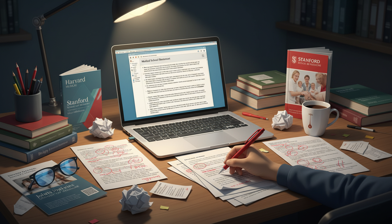 Student revising a medical school personal statement late at night -  for How Committees Actually Read Your Med School Person