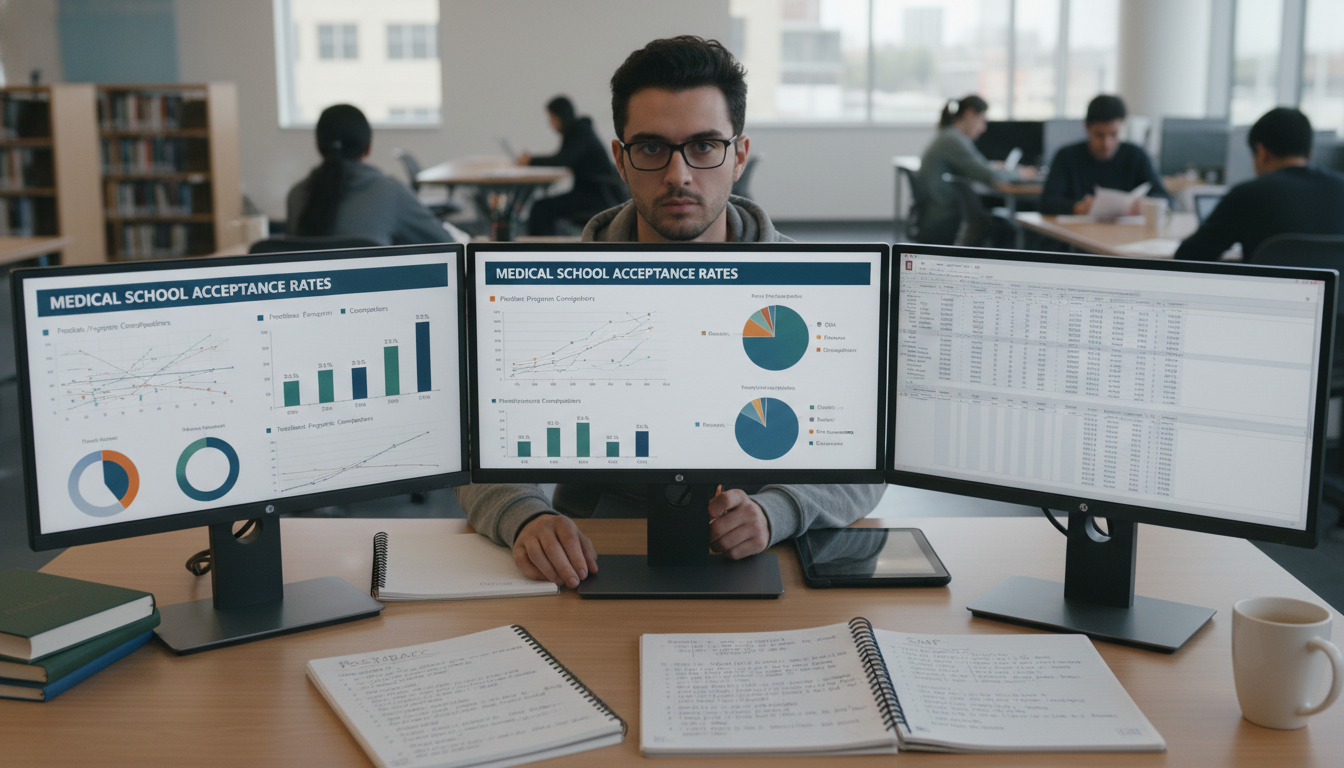 Premed student analyzing data on postbacc and SMP outcomes -  for How Much Does a Postbacc or SMP Raise Your Med School Odds?