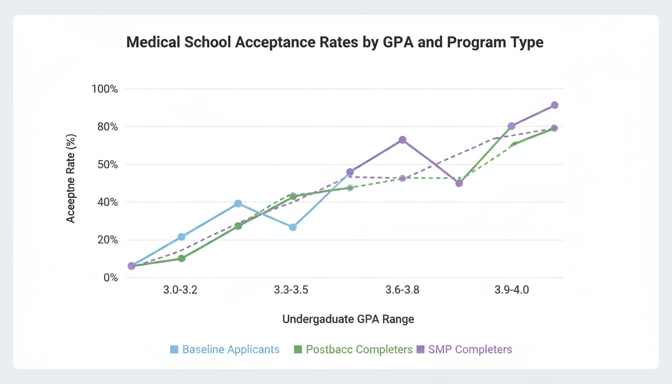 Graph of acceptance rates by GPA and impact of postbacc vs SMP -  for How Much Does a Postbacc or SMP Raise Your Med School O