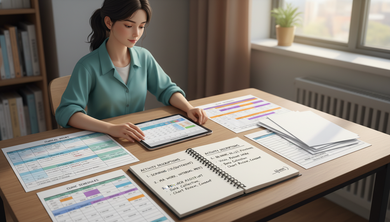 Premed student organizing clinical experiences and hours -  for How to Document Scribing, MA Work, and Clinical Jobs Across S