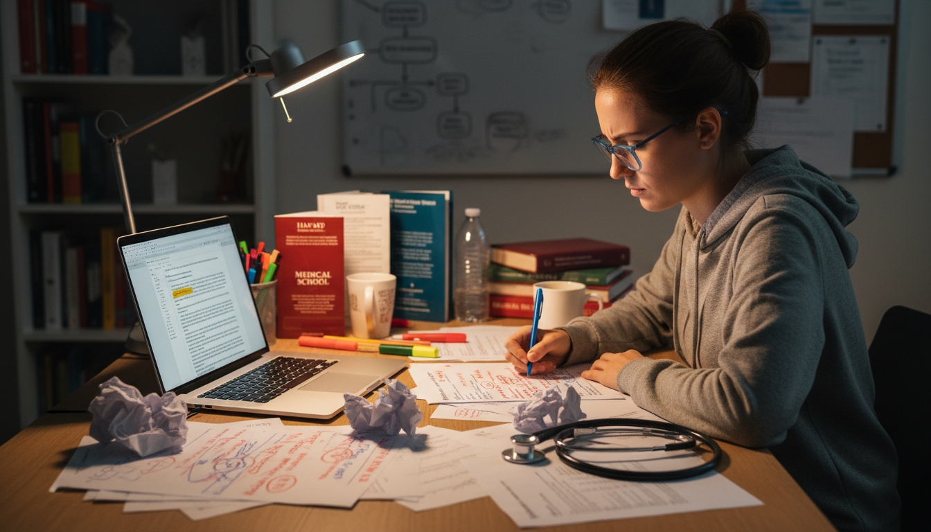 Student revising medical school personal statement on laptop with notes -  for How to Rewrite a Weak Personal Statement into