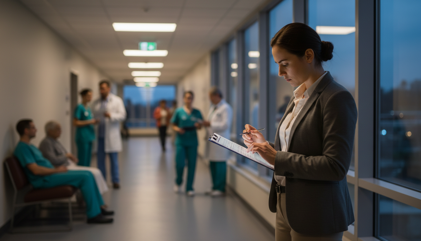 Premed student in hospital hallway reviewing clinical hours on clipboard -  for How to Salvage Late Clinical Hours and Still