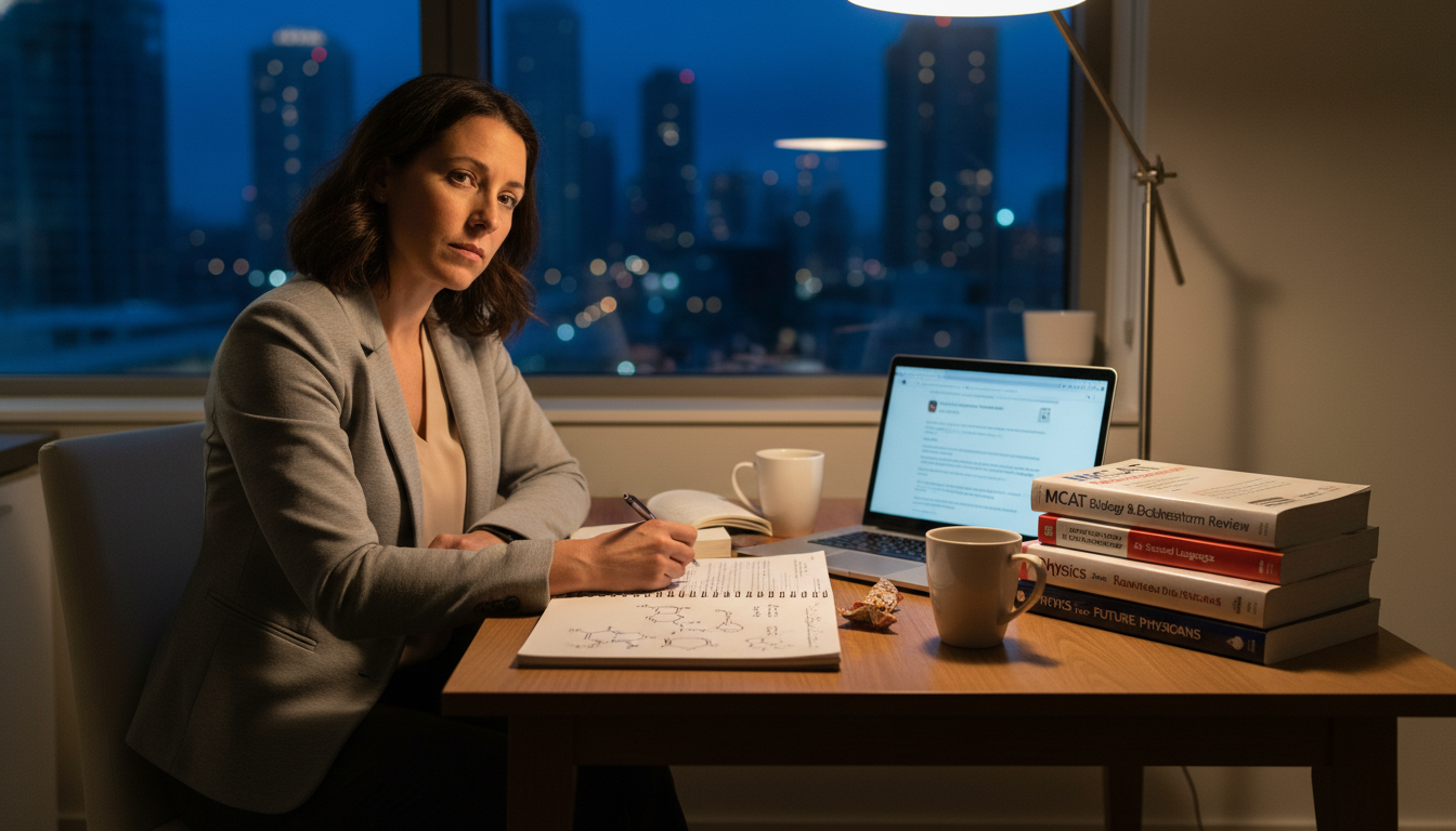 Mid-career professional studying medicine prerequisites at night -  for If You’re a Career Changer with No Science Background