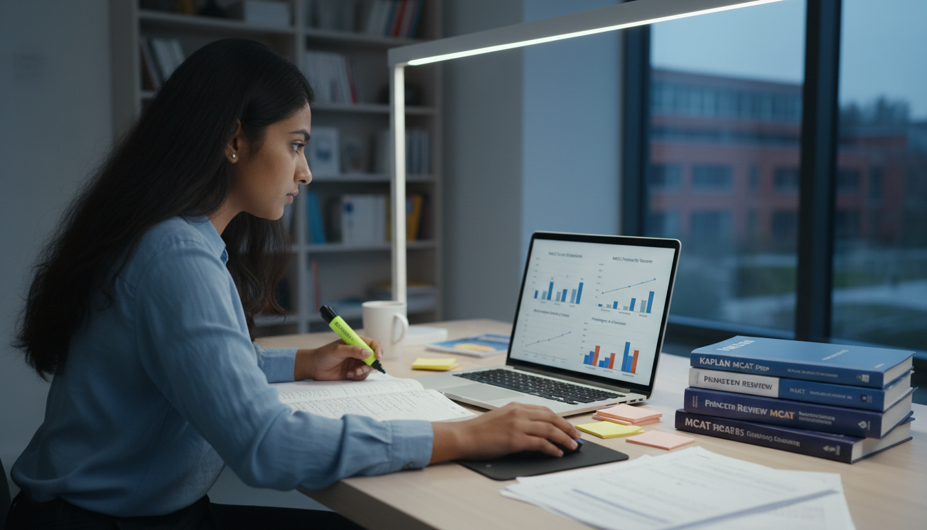 Premed student analyzing MCAT score data on laptop -  for Impact of Multiple MCAT Attempts on Acceptance Probabilities