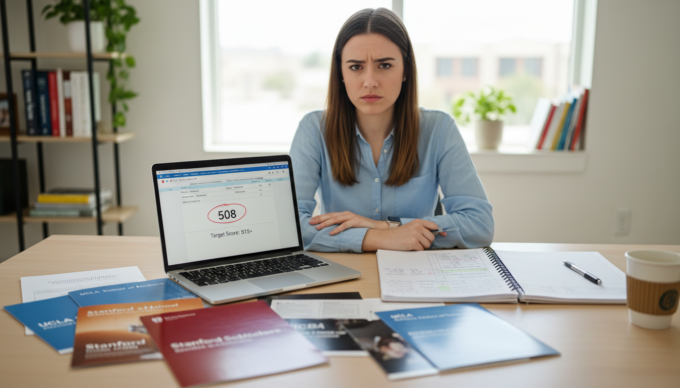 Frustrated premed student reviewing MCAT score report and medical school list Frustrated premed student reviewing MCAT score report and medical school list - for MCAT Below Target: Concrete Strategies t